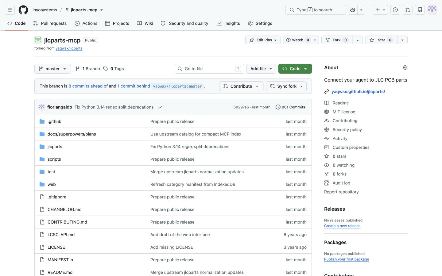 GitHub repository page for the public INYO Systems JLCParts MCP project